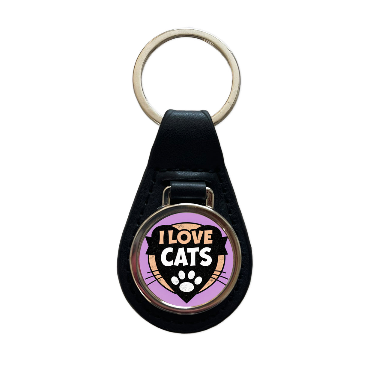 I Love Cats Black Leather Metal Keychain