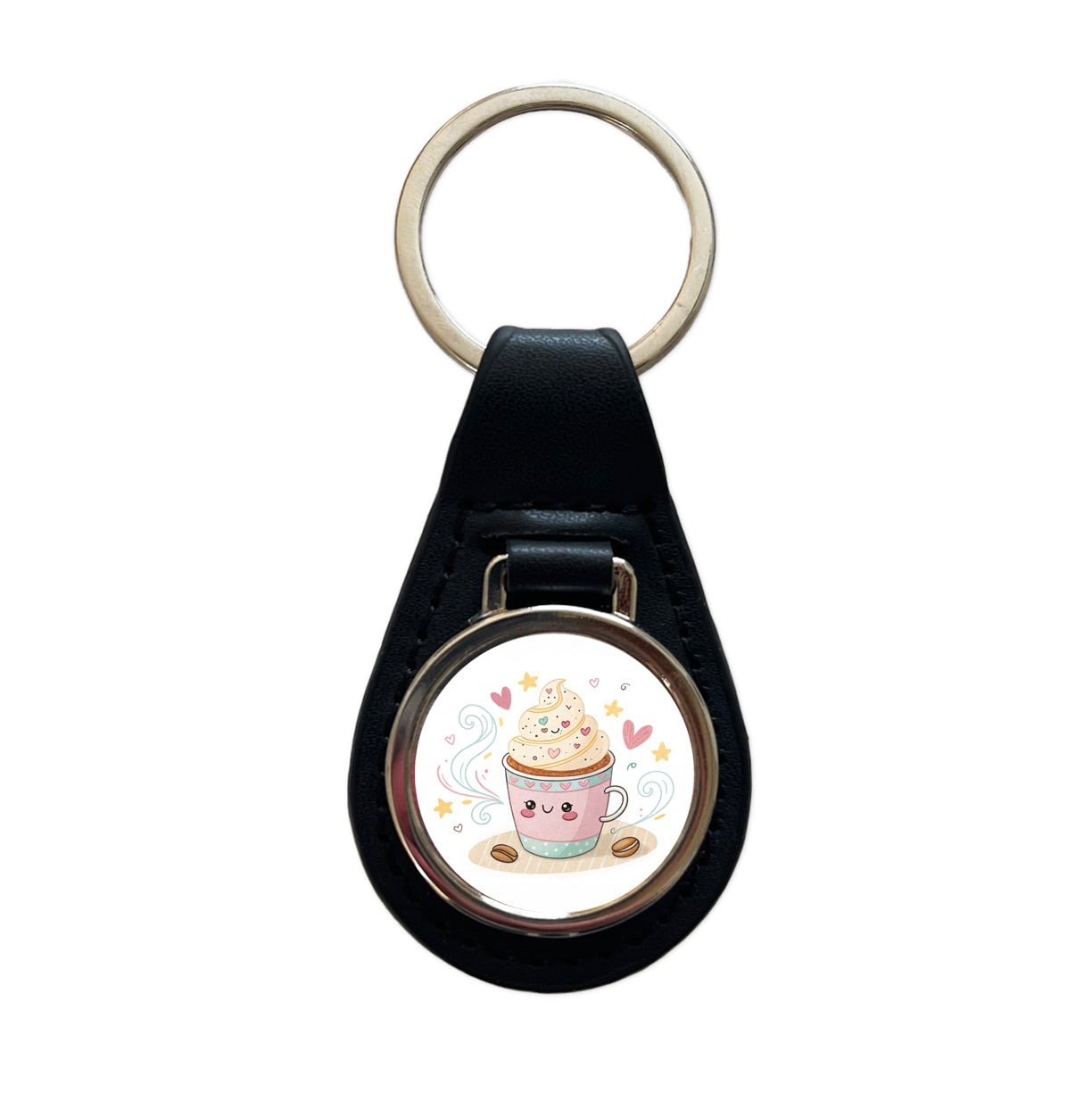 Kawaii Latte Coffee Black Leather Metal Keychain