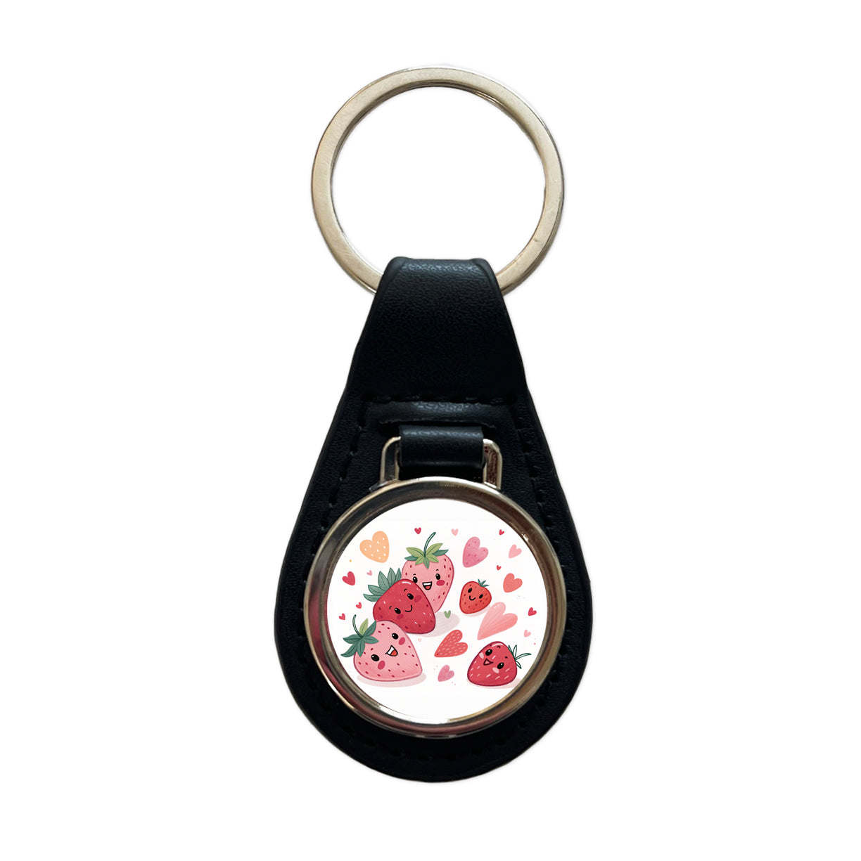 Kawaii Strawberries Hearts Black Leather Metal Keychain