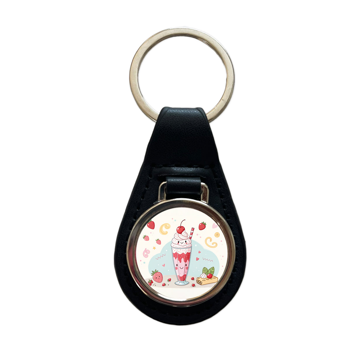 Kawaii Strawberry Milk Shake Black Leather Metal Keychain