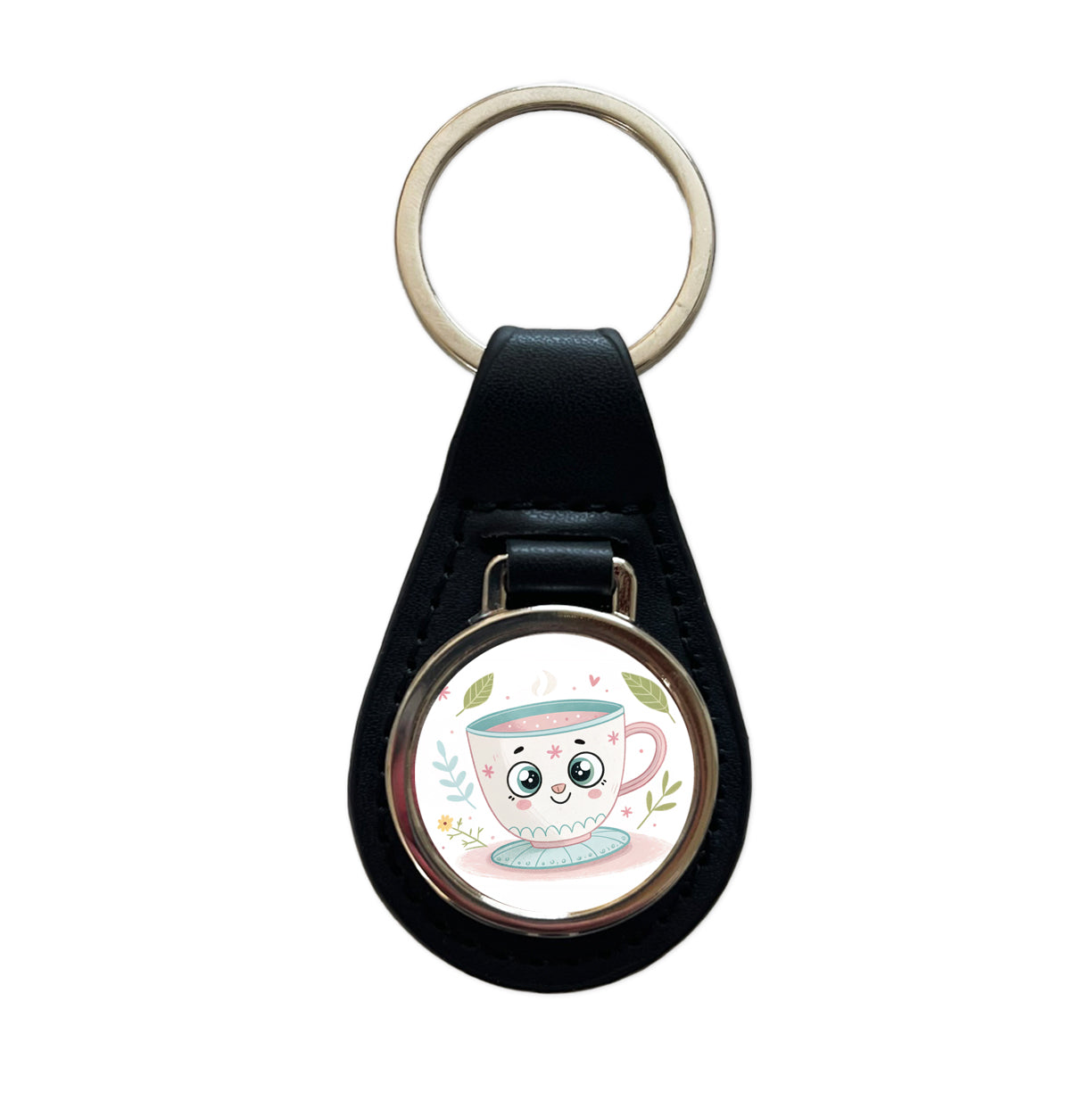 Kawaii Tea Cup Black Leather Metal Keychain