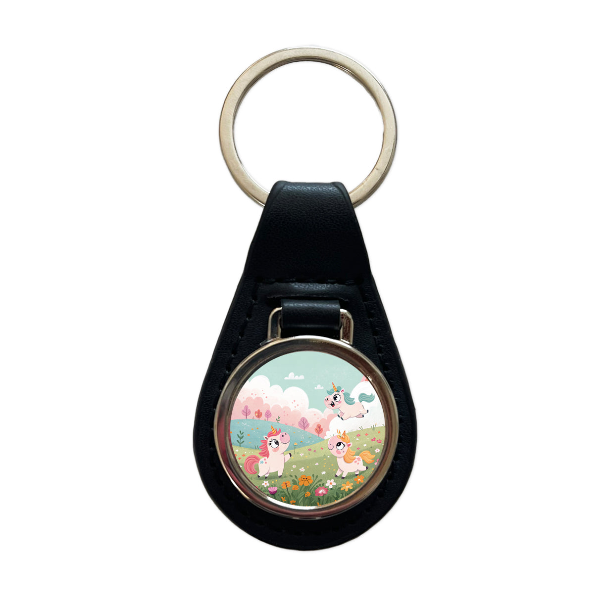 Kawaii Unicorns Black Leather Metal Keychain