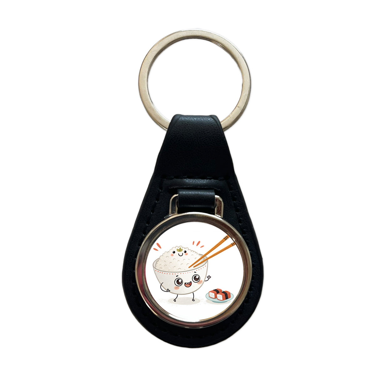 Kawaii White Rice Chopsticks Sushi Black Leather Metal Keychain