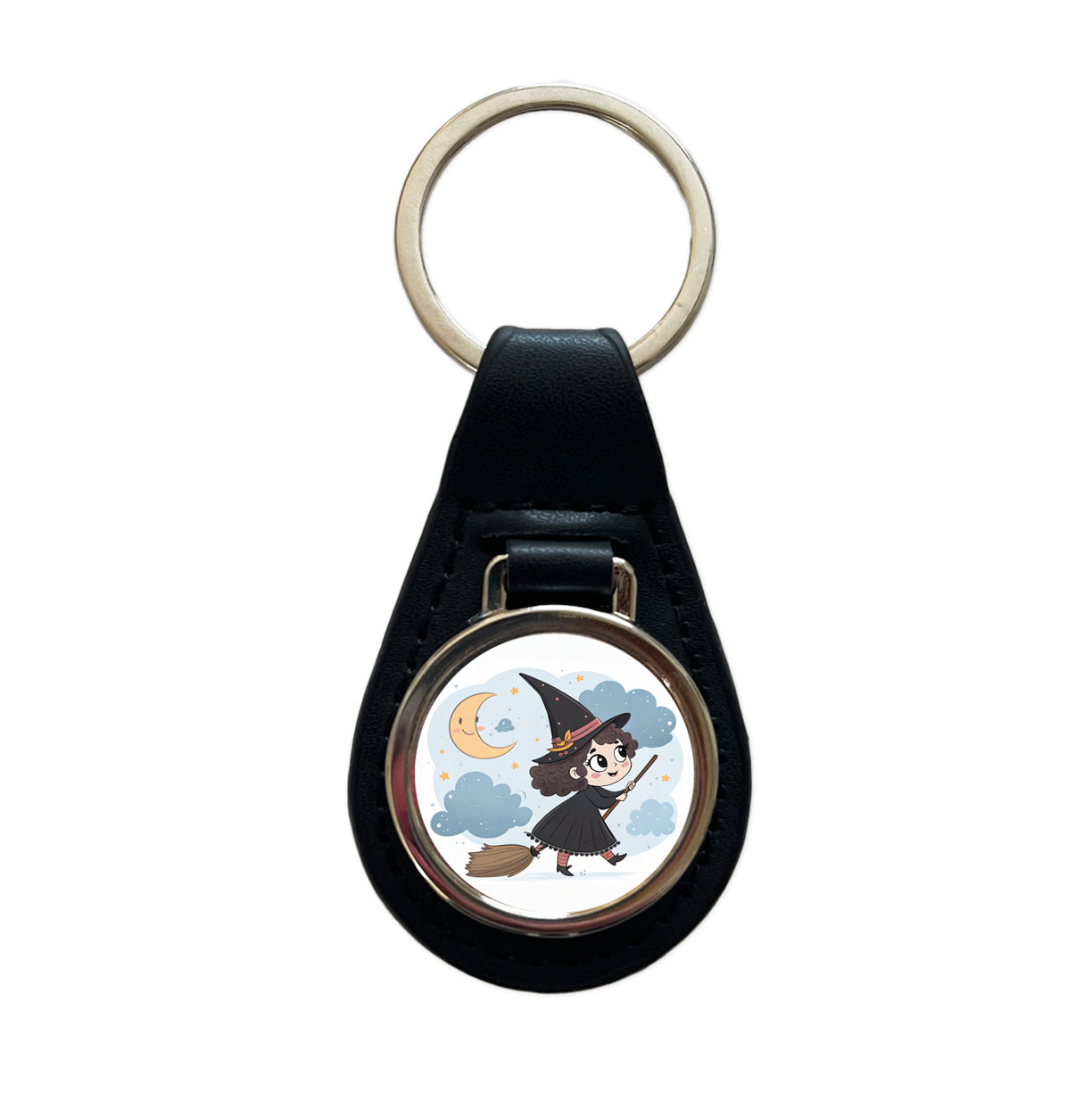 Kawaii Witch Broom Halloween Black Leather Metal Keychain