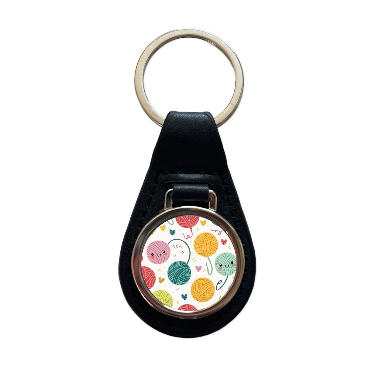 Kawaii Yarn Balls Knitting Crochet Black Leather Metal Keychain