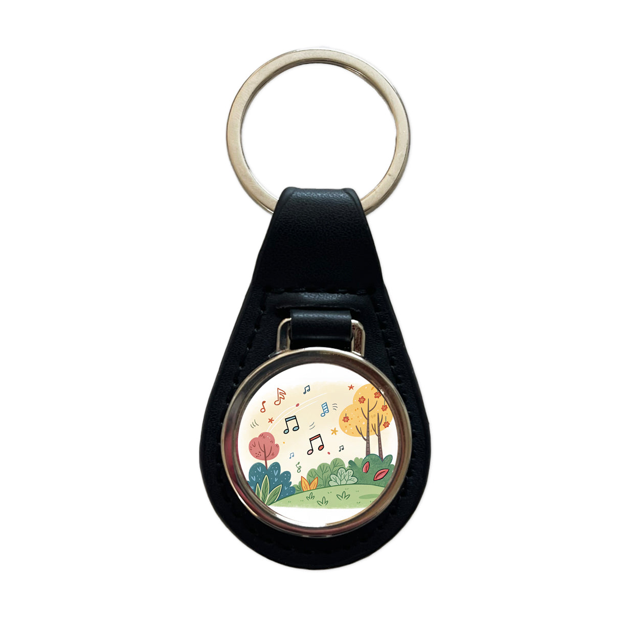 Music Notes Musical Musician Black Leather Metal Keychain