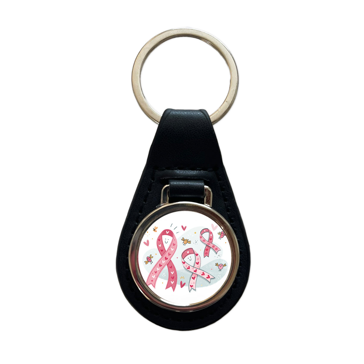Pink Cancer Awareness Ribbons Black Leather Metal Keychain