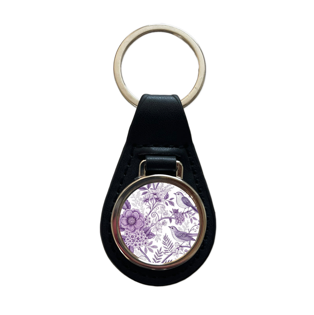 Purple On White Toile With Birds Black Leather Metal Keychain