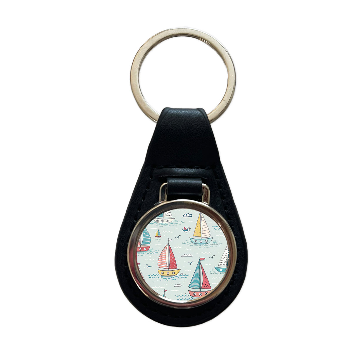 Sailboats Scattered Black Leather Metal Keychain