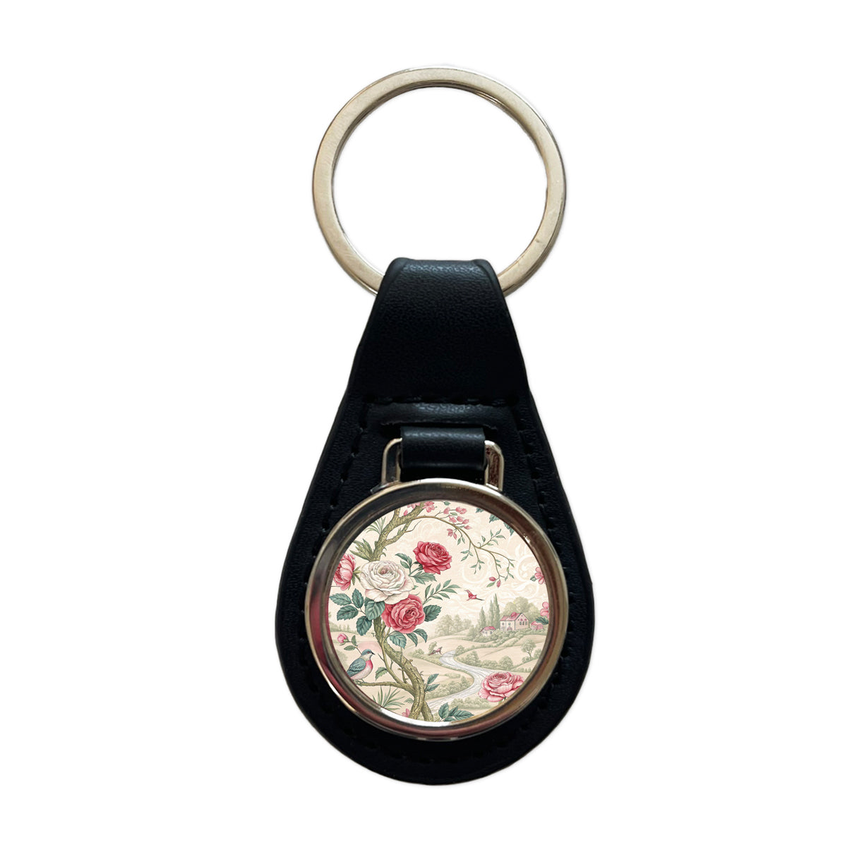 Toile Pattern Flowers Birds Black Leather Metal Keychain