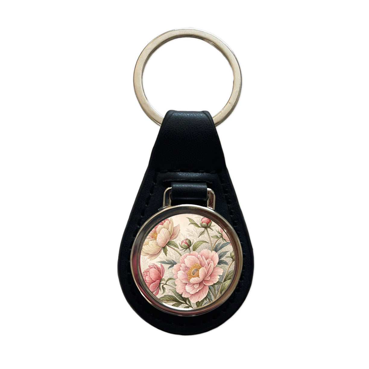 Vintage Peony Flowers Black Leather Metal Keychain