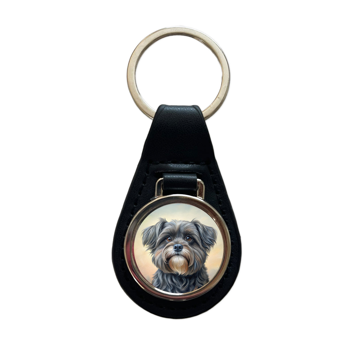 Affenpinscher Dog Illustration Black Leather Metal Keychain