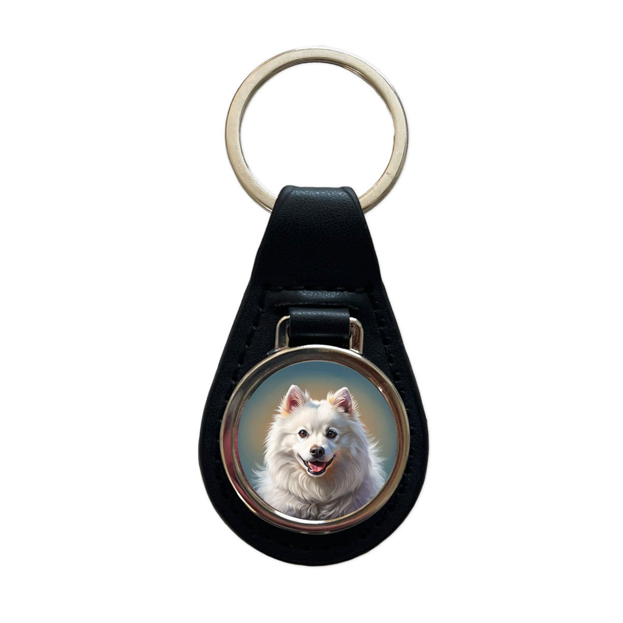 American Eskimo Dog Illustration Black Leather Metal Keychain