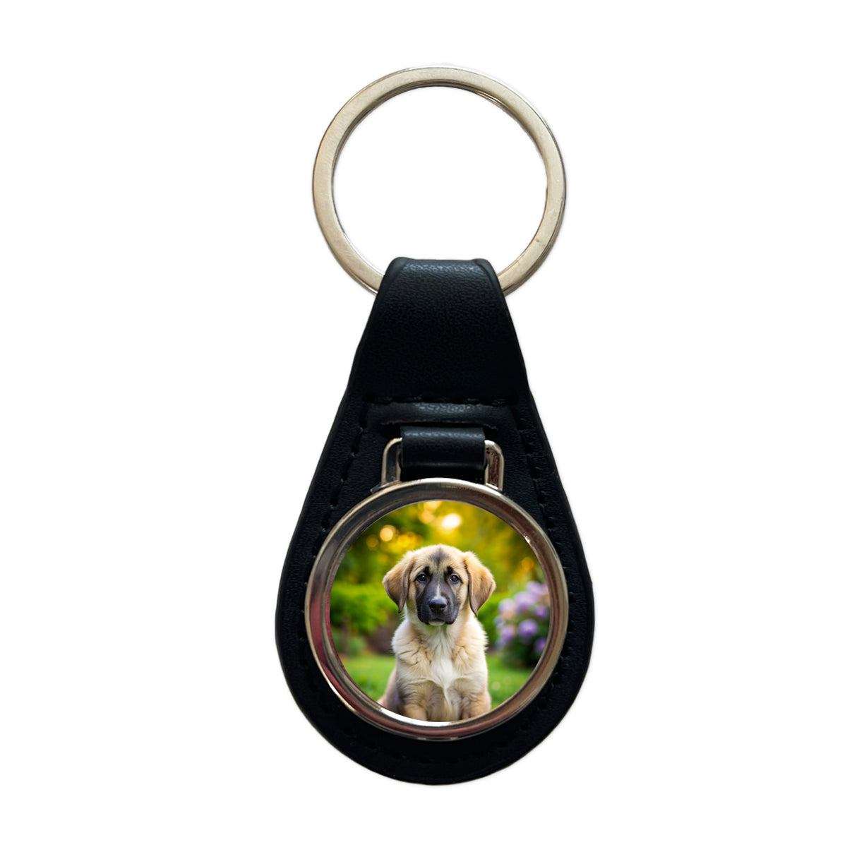 Anatolian Shepherd Dog Puppy Photo Black Leather Metal Keychain