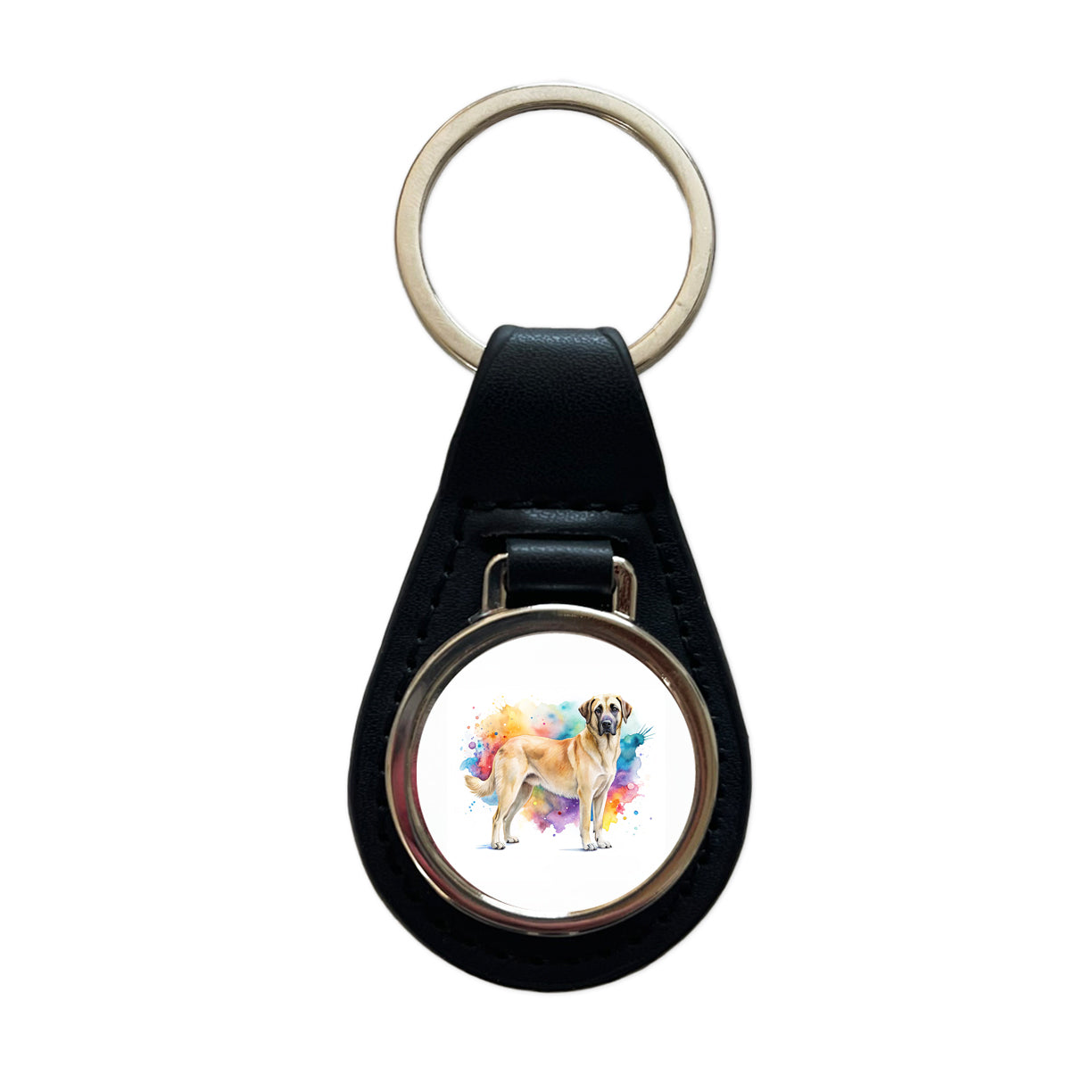 Anatolian Shepherd Dog Watercolor Style Black Leather Metal Keychain
