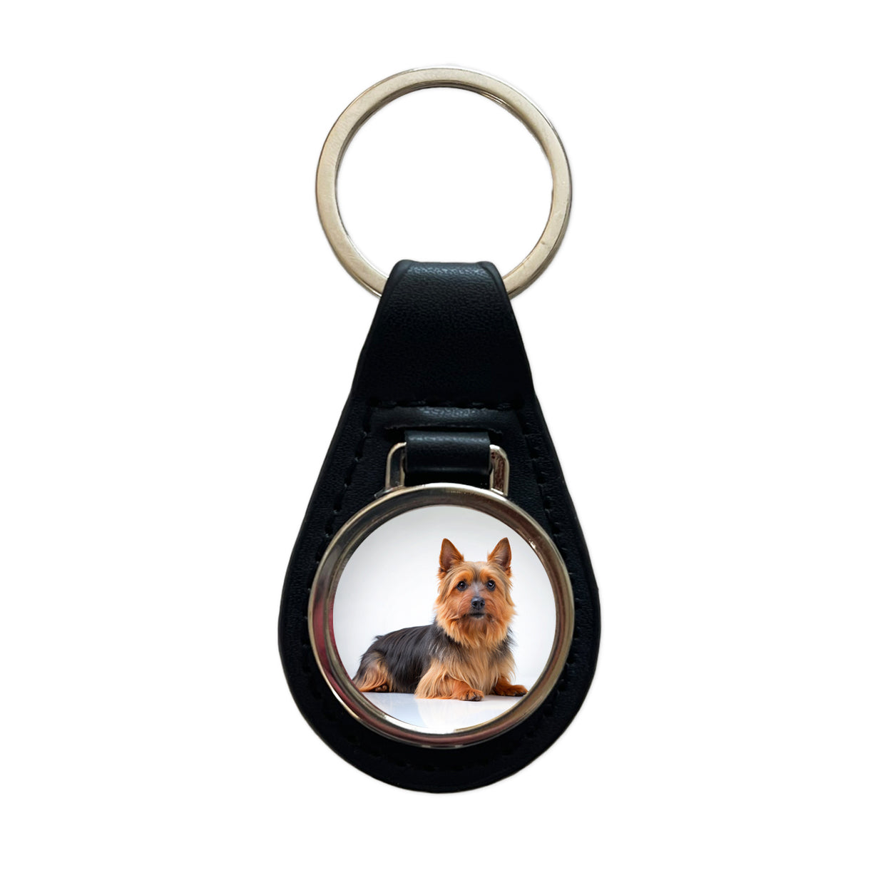 Australian Terrier Dog Photo Black Leather Metal Keychain