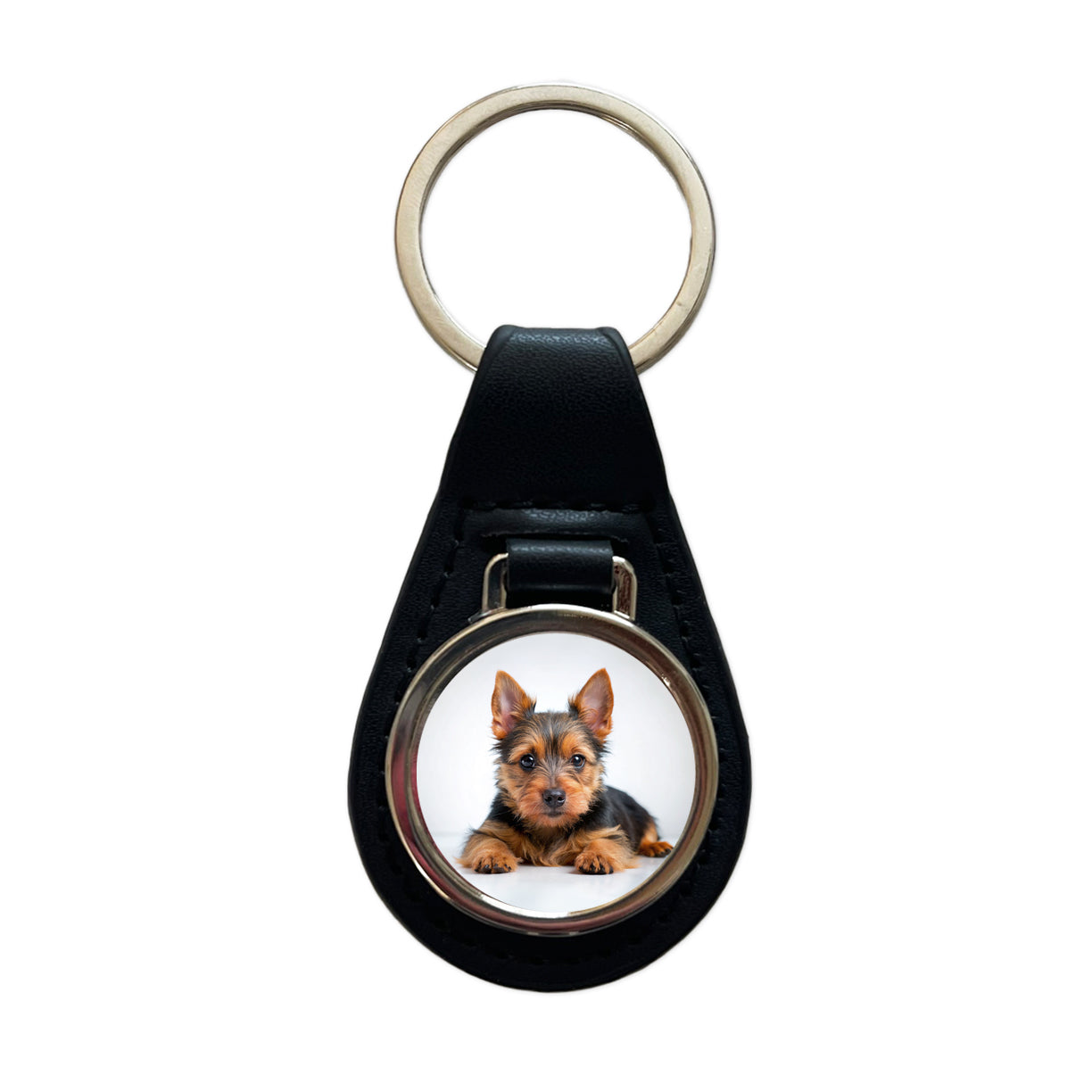 Australian Terrier Dog Puppy Photo Black Leather Metal Keychain