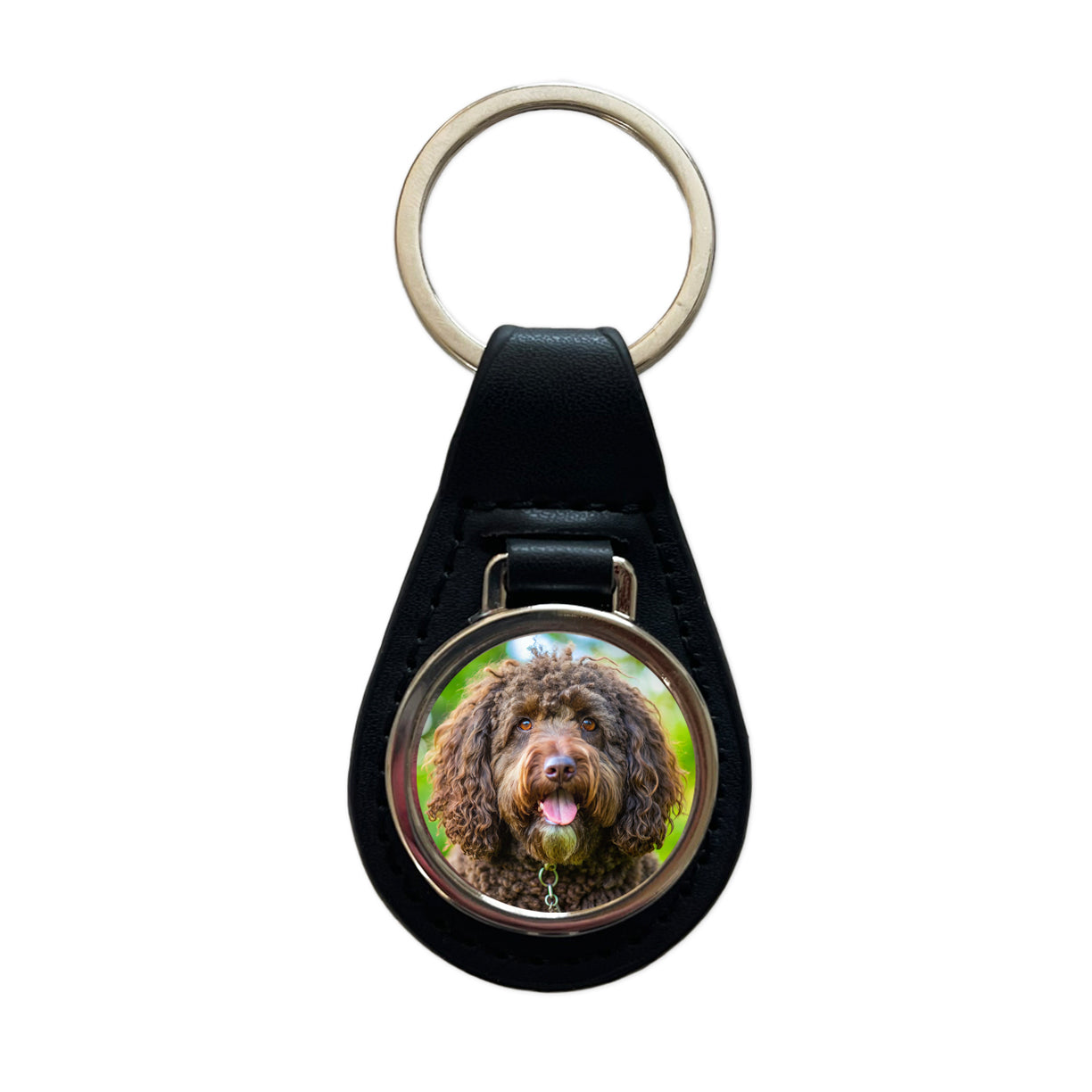 Barbet Dog Photo Black Leather Metal Keychain