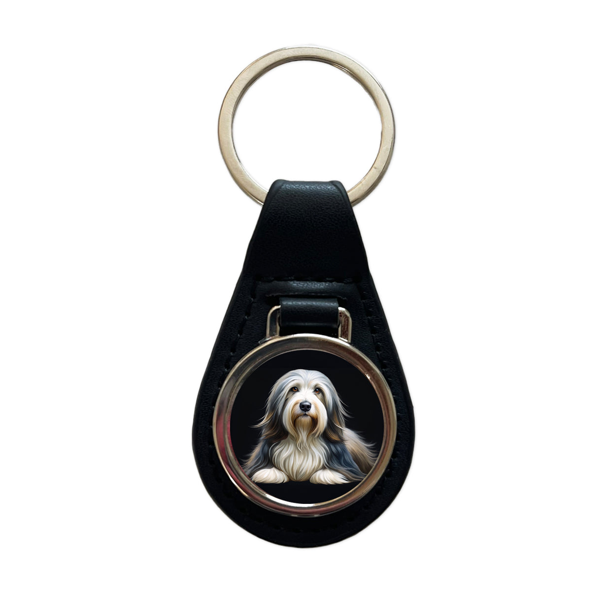 Bearded Collie Dog Illustration Black Leather Metal Keychain