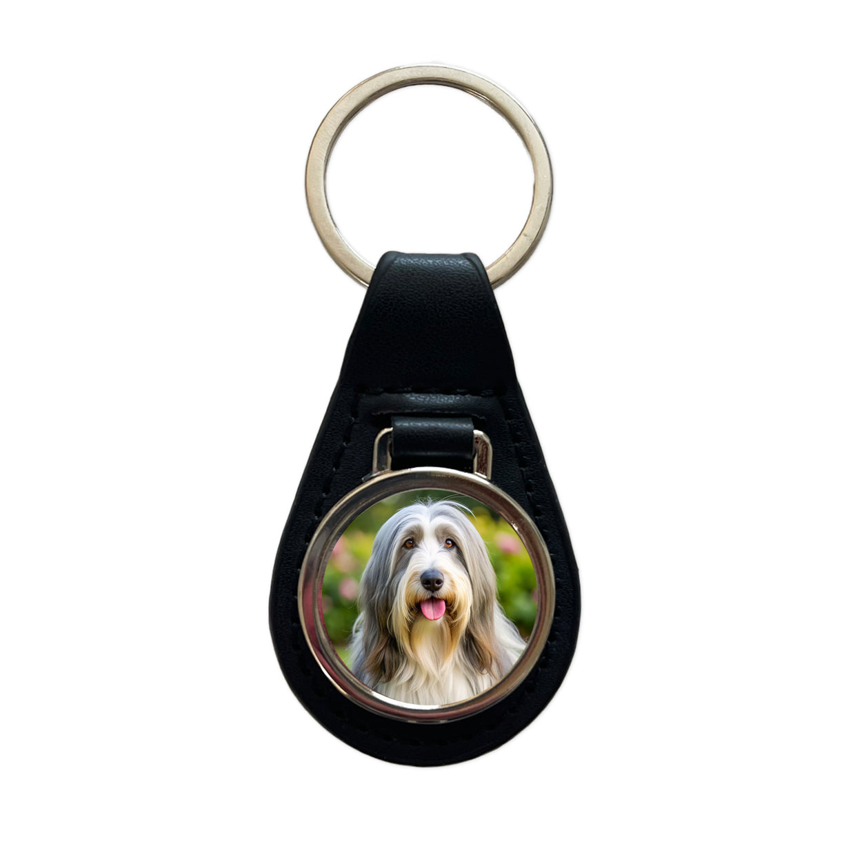 Bearded Collie Dog Photo Black Leather Metal Keychain