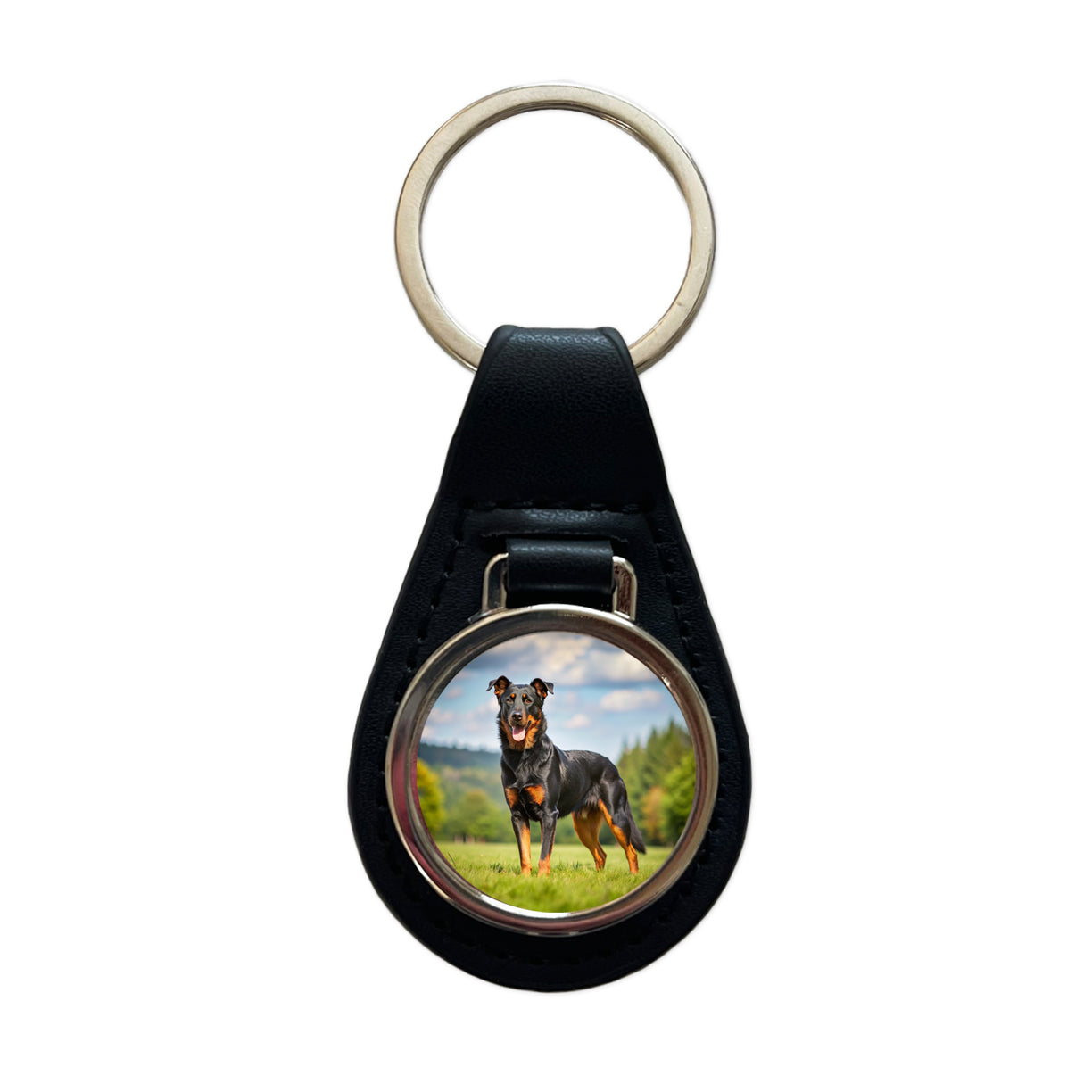 Beauceron Dog Photo Black Leather Metal Keychain