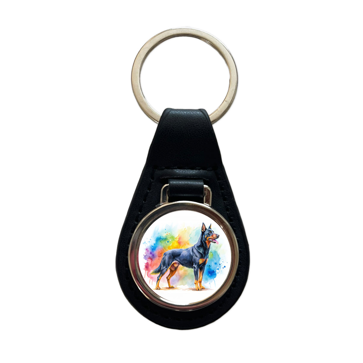 Beauceron Dog Watercolor Style Black Leather Metal Keychain