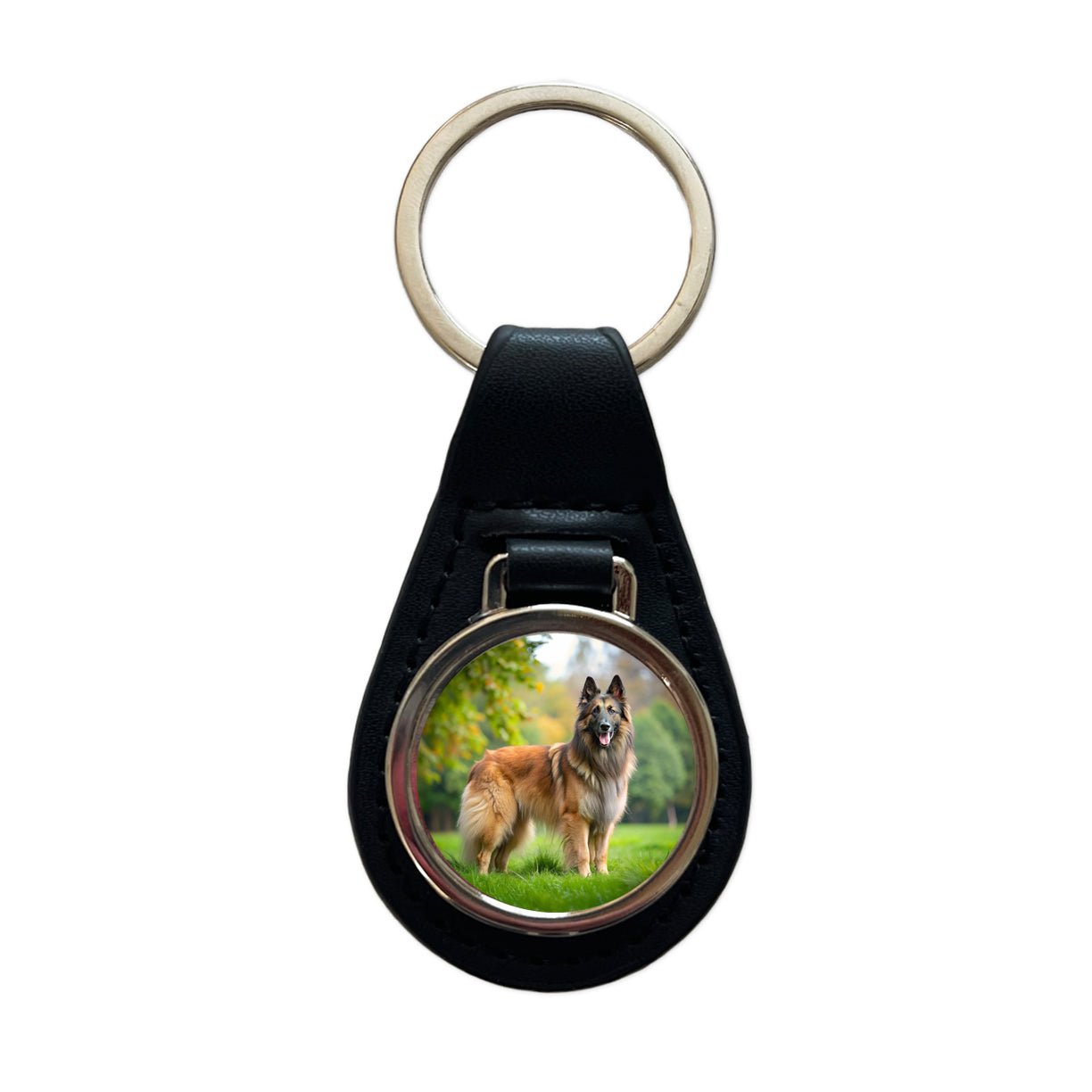 Belgian Tervuren Dog Photo Black Leather Metal Keychain