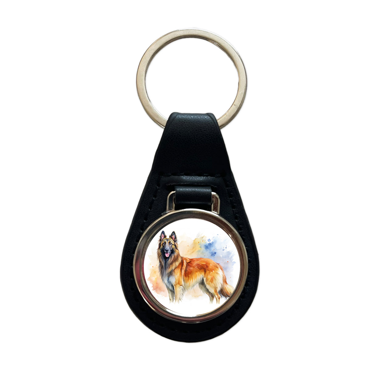 Belgian Tervuren Dog Watercolor Style Black Leather Metal Keychain