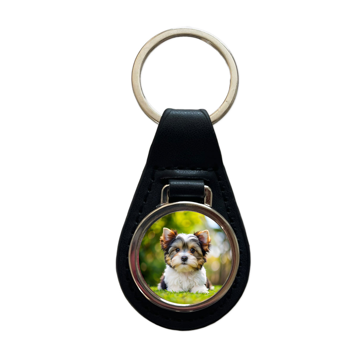 Biewer Terrier Dog Puppy Photo Black Leather Metal Keychain