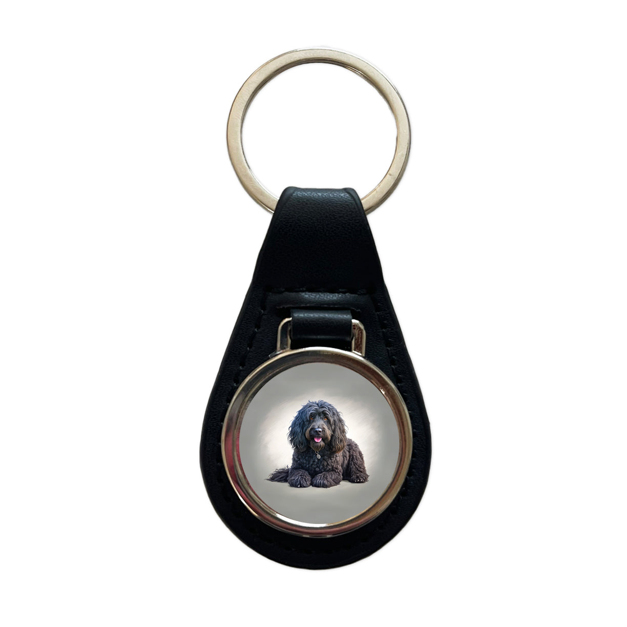 Black Russian Terrier Dog Illustration Black Leather Metal Keychain