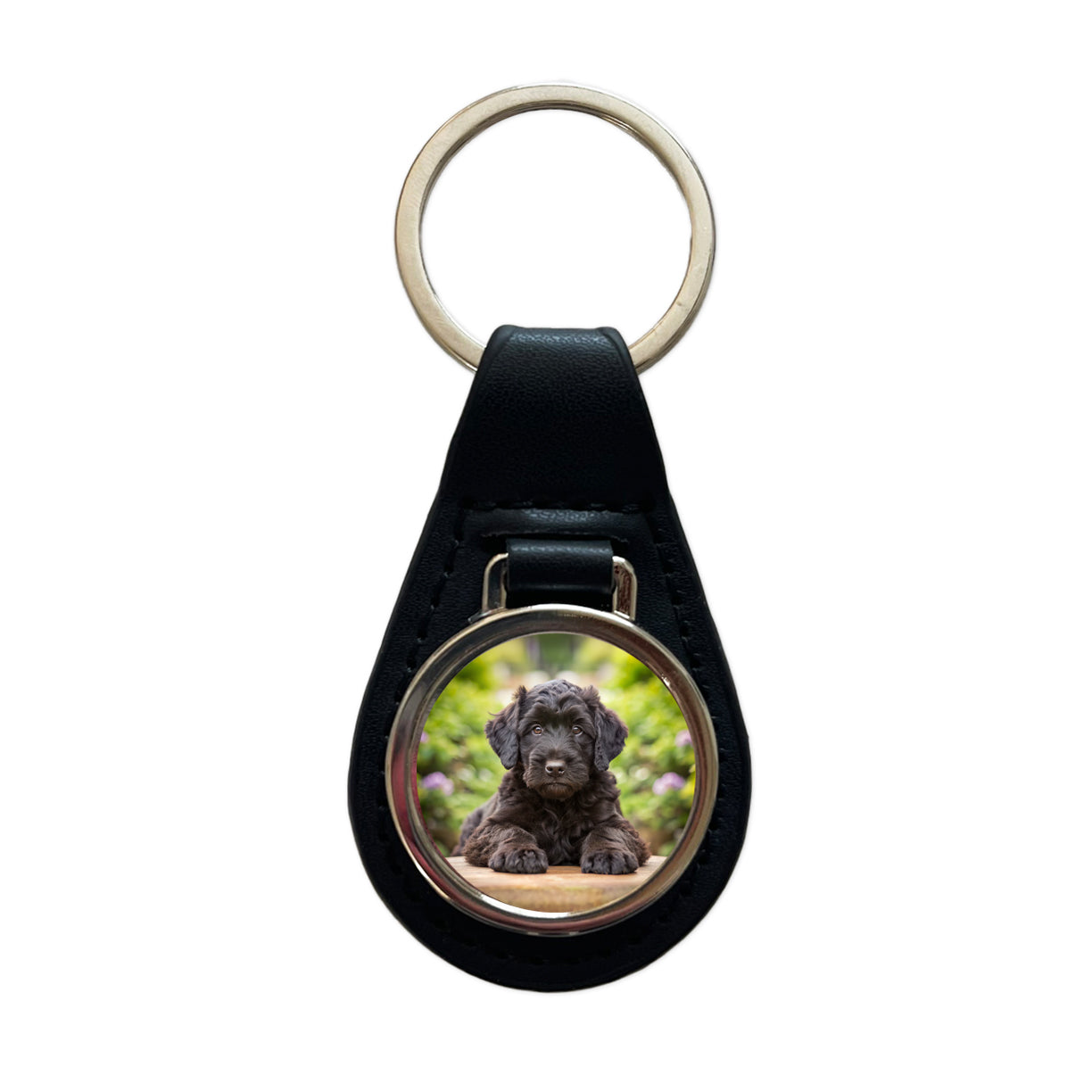 Black Russian Terrier Dog Puppy Photo Black Leather Metal Keychain