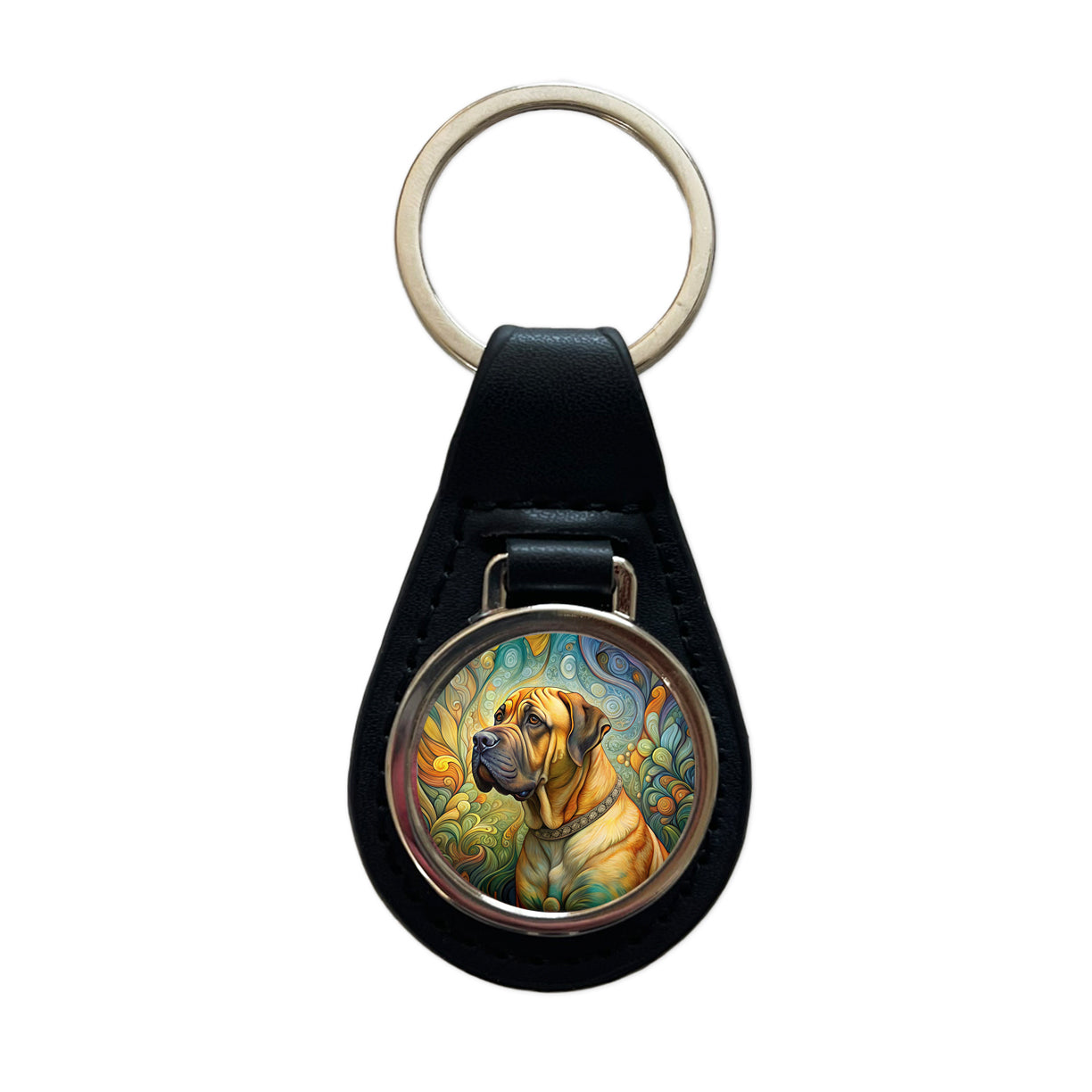 Boerboel Dog Art Nouveau Black Leather Metal Keychain