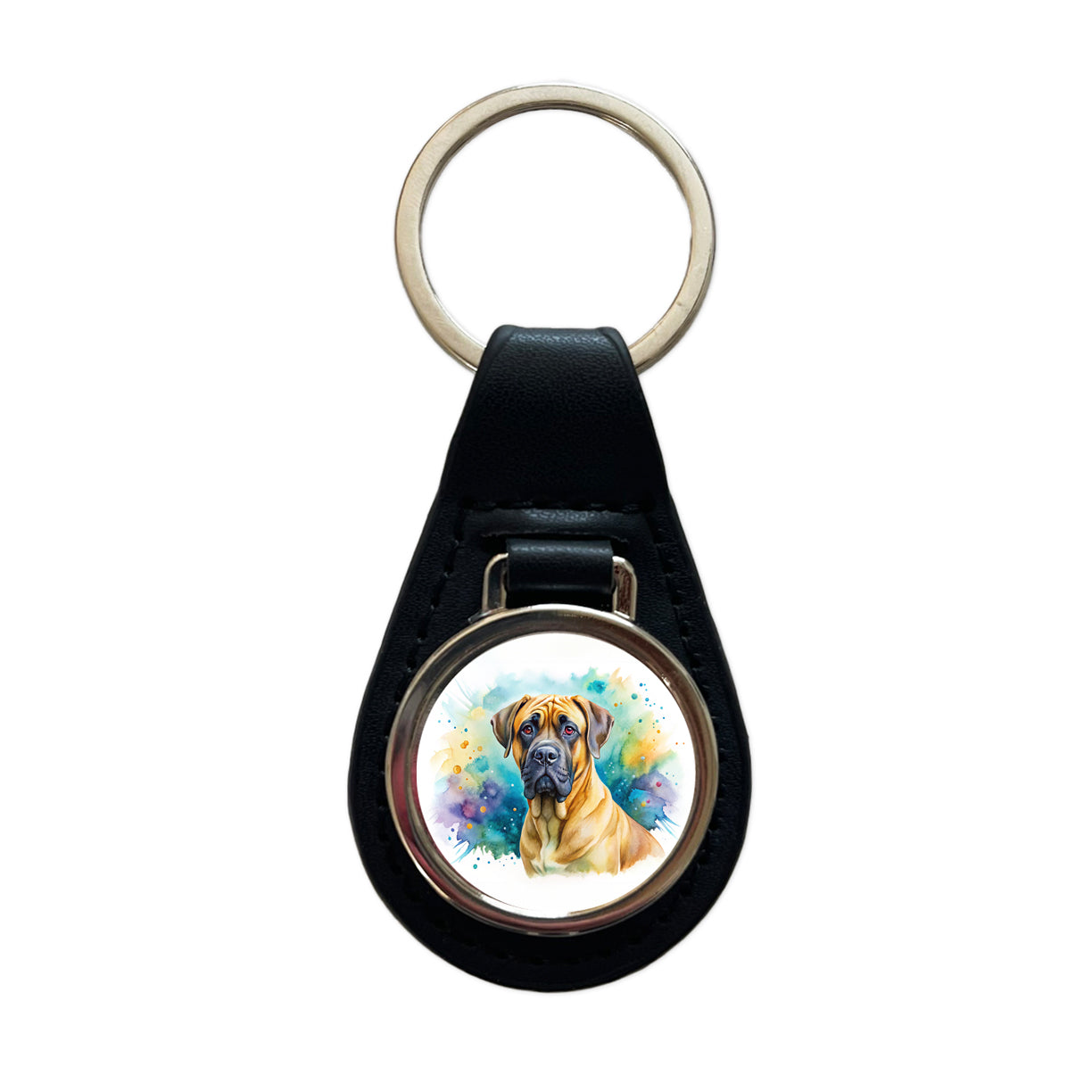 Boerboel Dog Watercolor Style Black Leather Metal Keychain