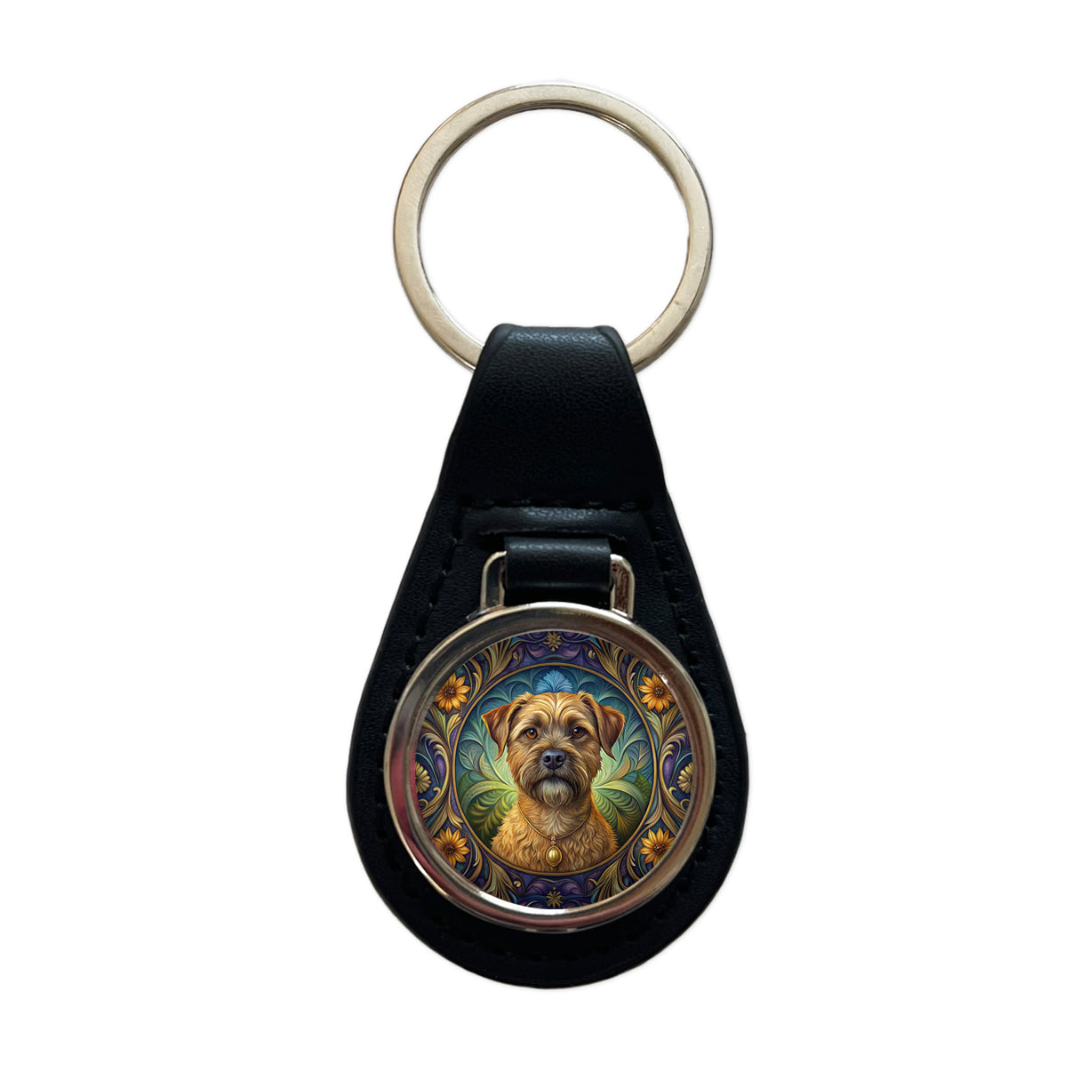 Border Terrier Dog Art Nouveau Black Leather Metal Keychain
