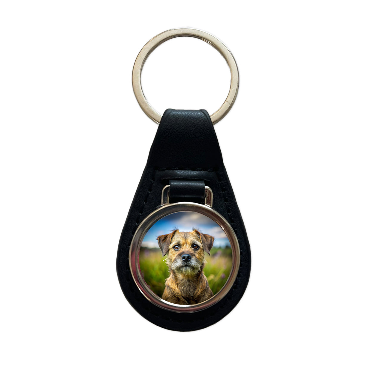 Border Terrier Dog Photo Black Leather Metal Keychain