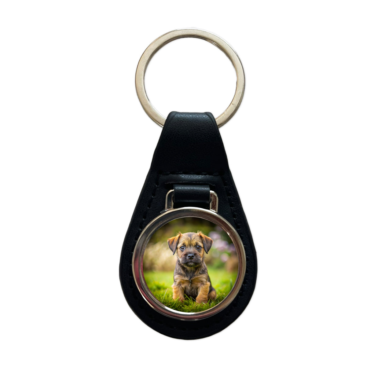 Border Terrier Dog Puppy Photo Black Leather Metal Keychain