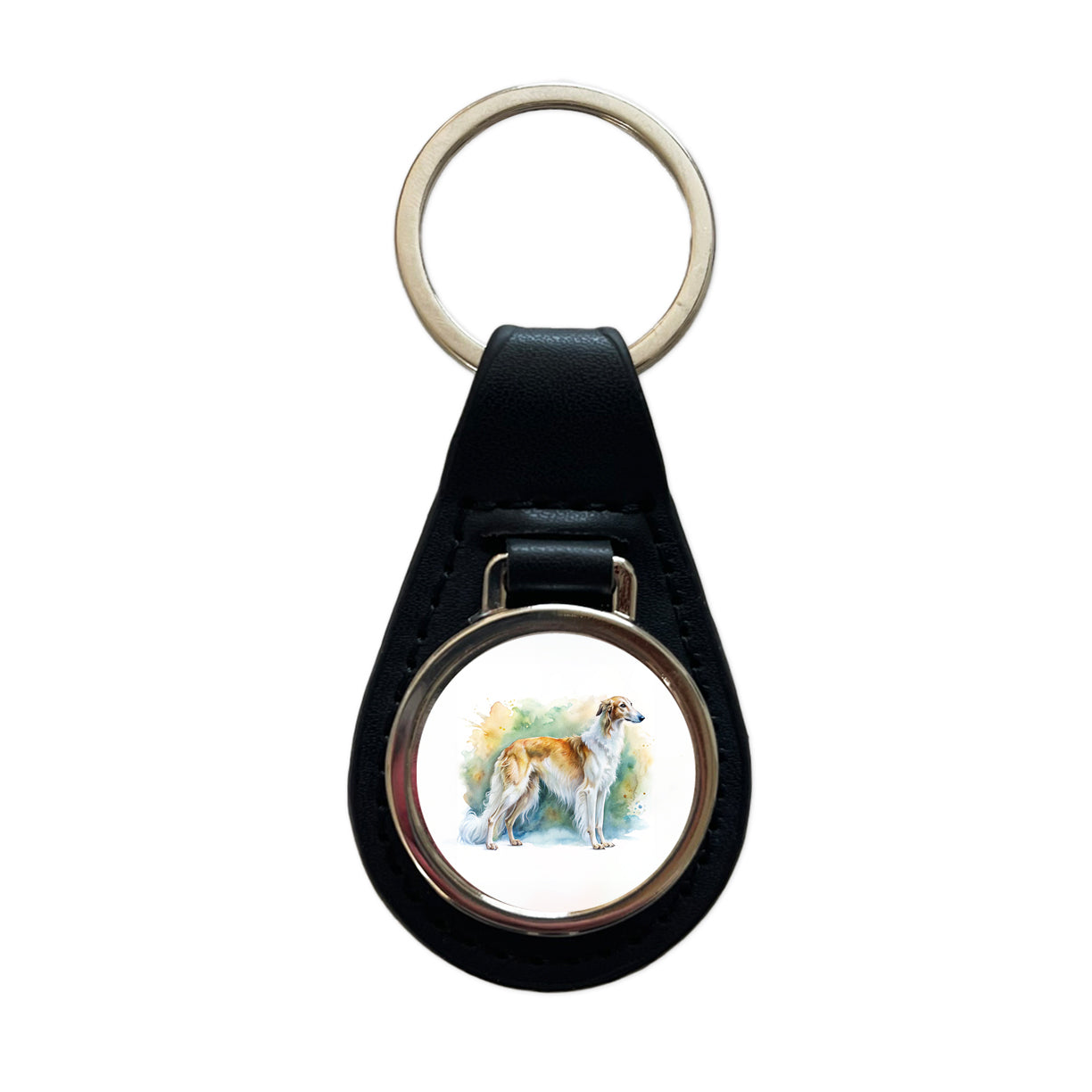 Borzoi Dog Watercolor Style Black Leather Metal Keychain