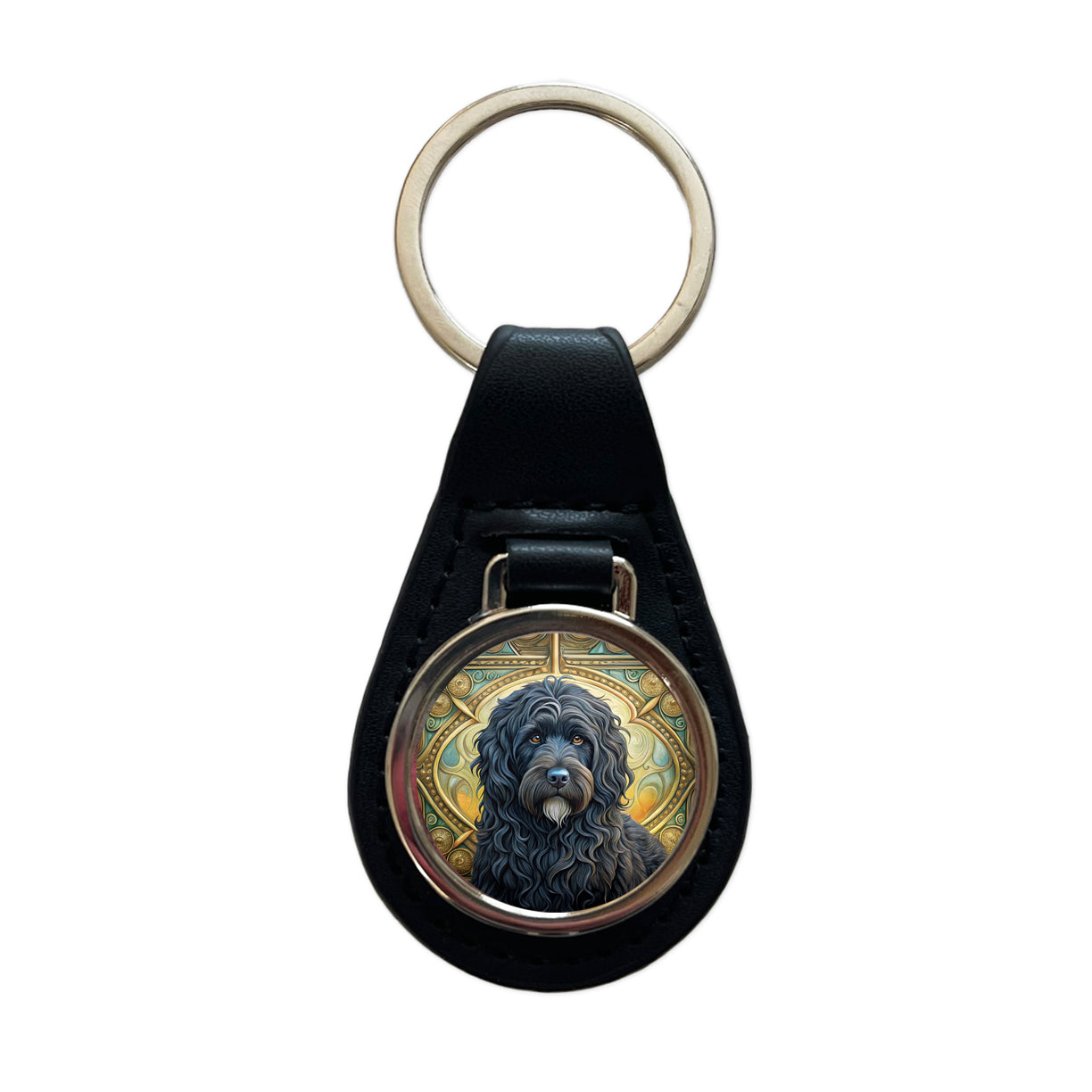 Bouviers Des Flandres Dog Art Nouveau Black Leather Metal Keychain