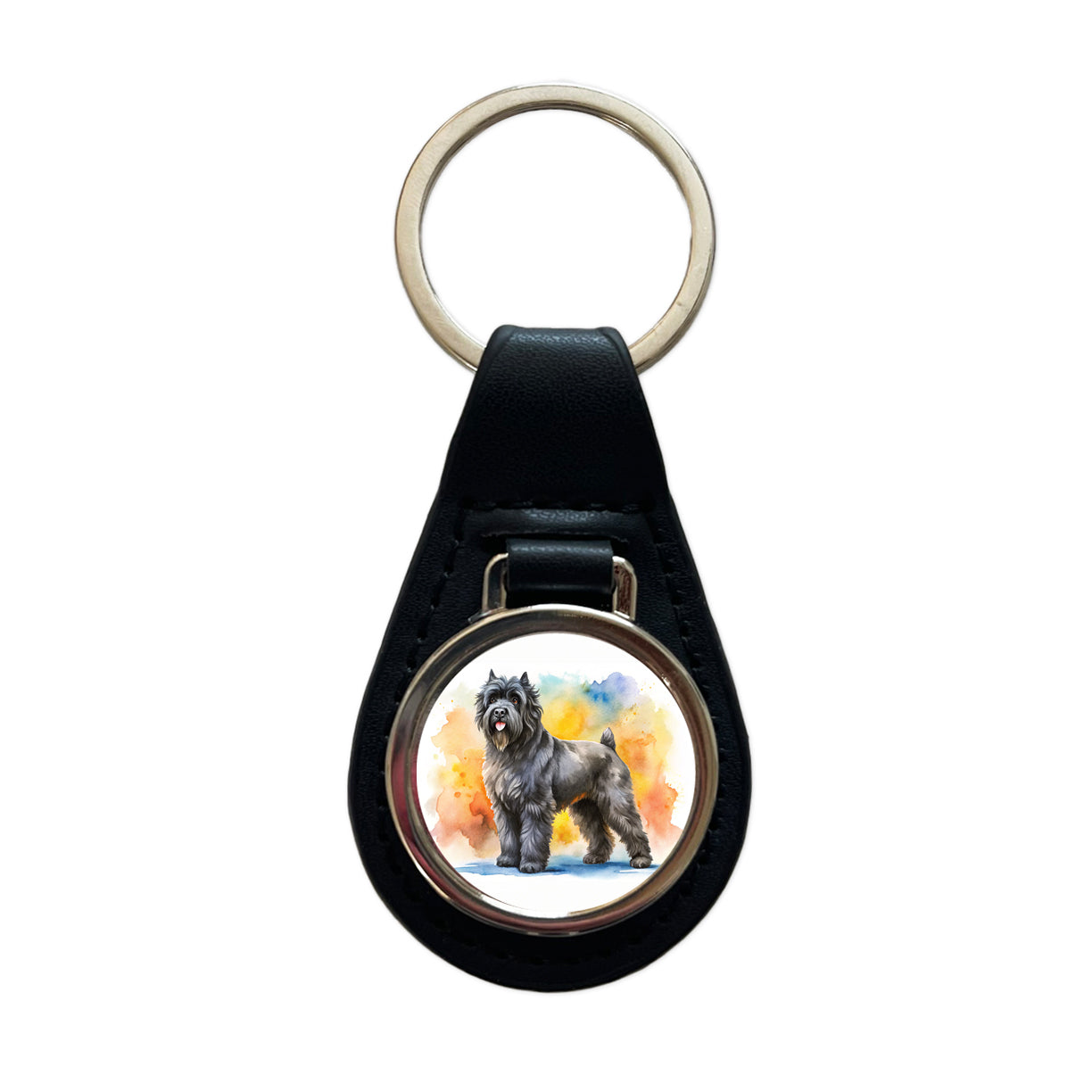 Bouviers Des Flandres Dog Watercolor Style Black Leather Metal Keychain