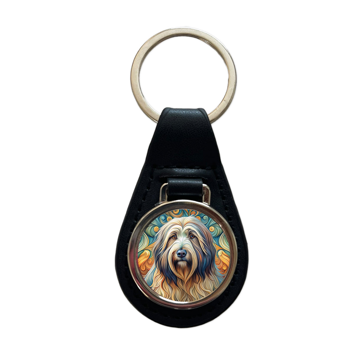 Briard Dog Art Nouveau Black Leather Metal Keychain