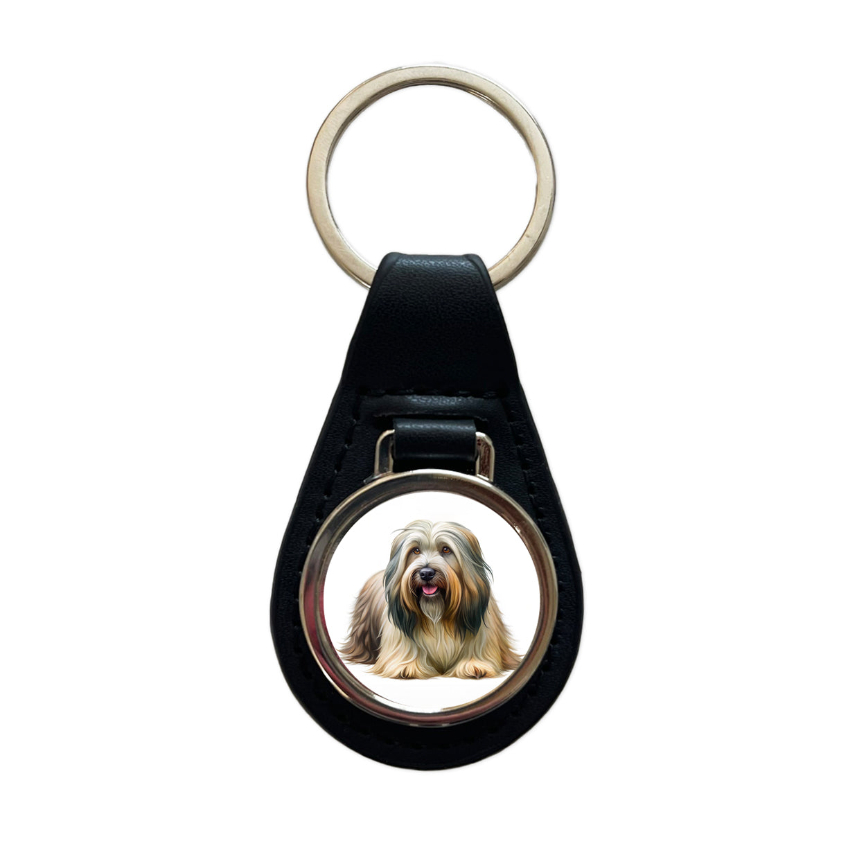 Briard Dog Illustration Black Leather Metal Keychain