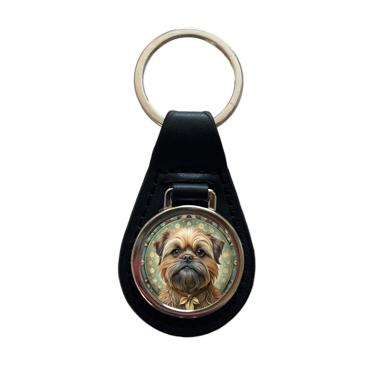 Brussels Griffon Dog Art Nouveau Black Leather Metal Keychain