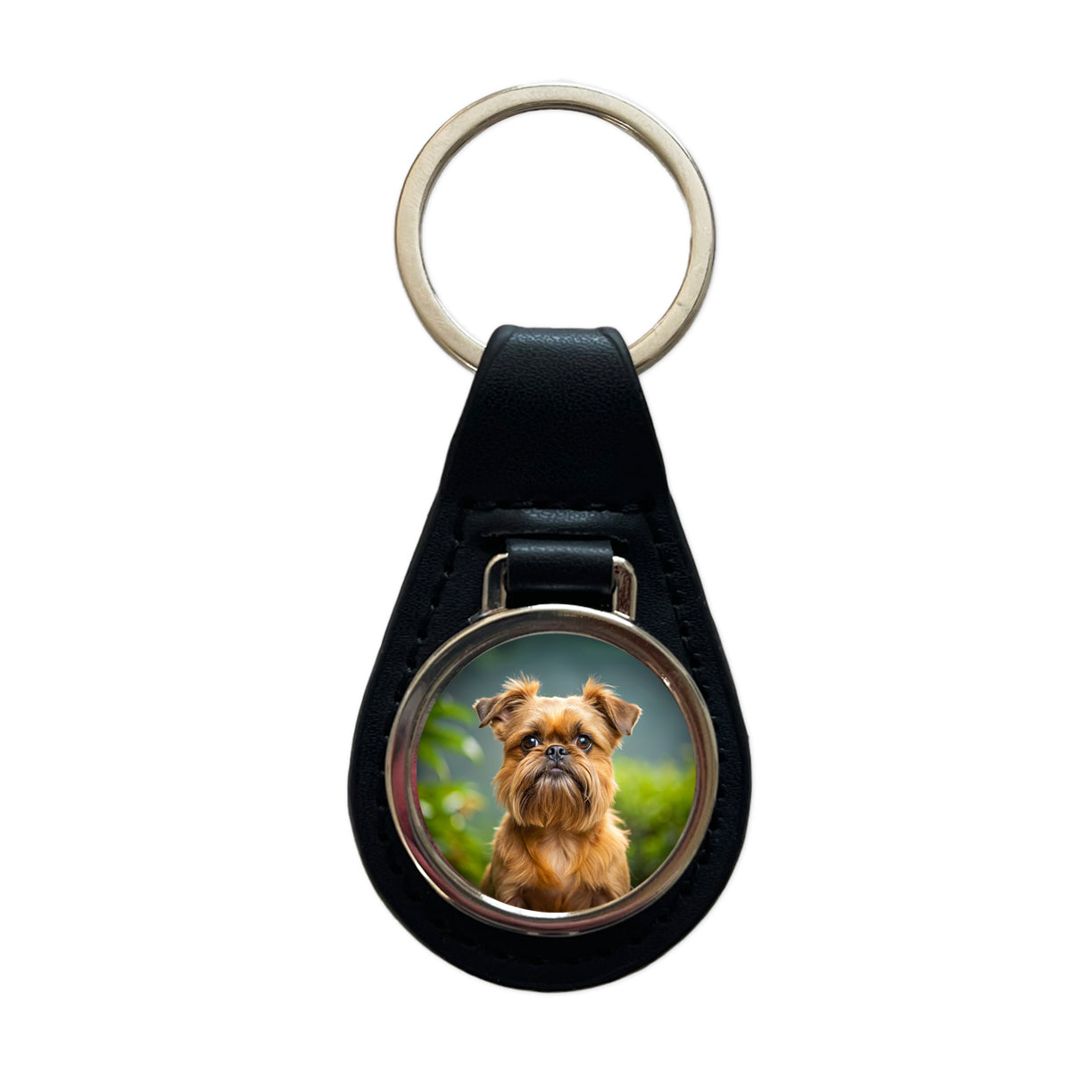 Brussels Griffon Dog Photo Black Leather Metal Keychain