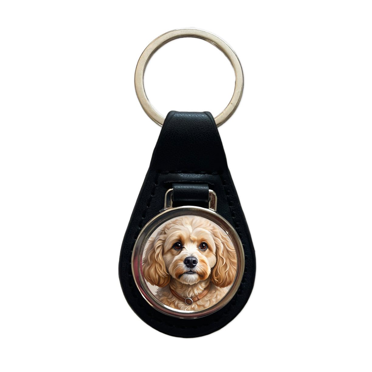 Cavapoo Dog Illustration Black Leather Metal Keychain