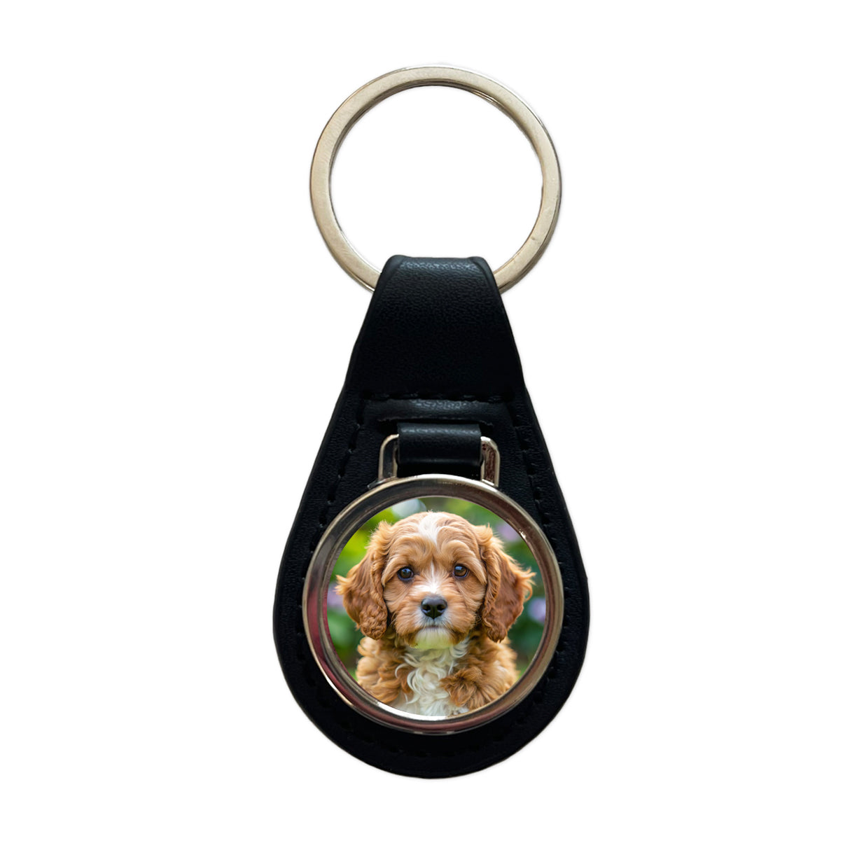 Cavapoo Dog Puppy Photo Black Leather Metal Keychain