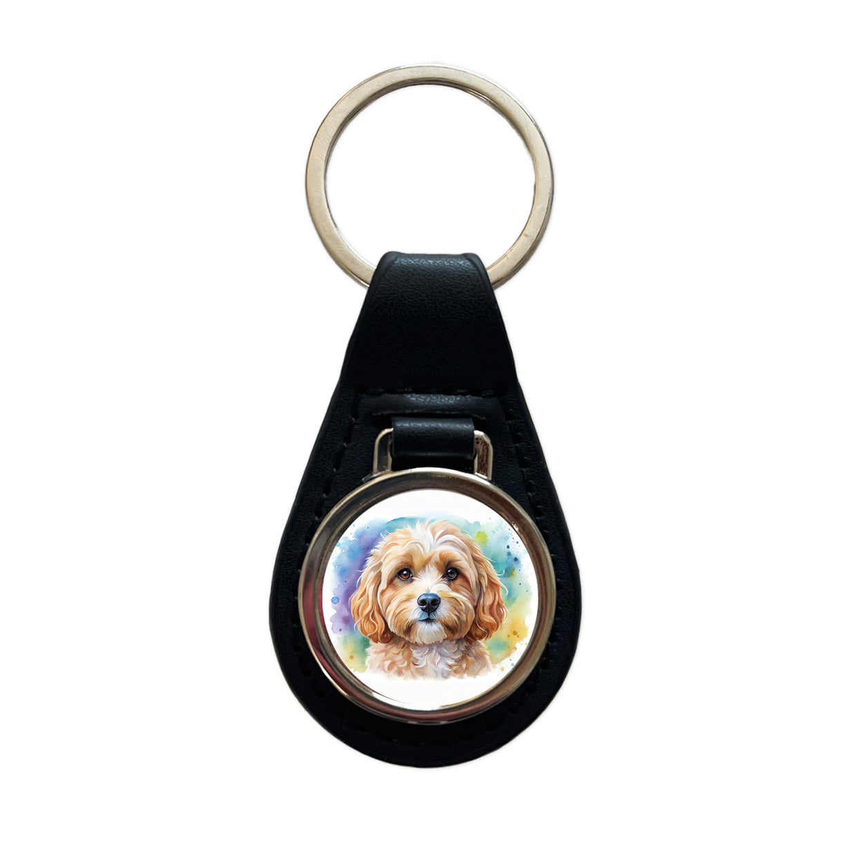 Cavapoo Dog Watercolor Style Black Leather Metal Keychain