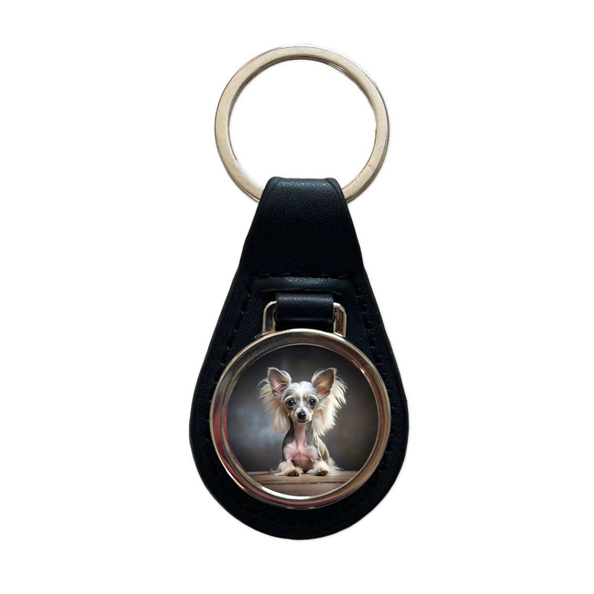 Chinese Crested Dog Puppy Photo Black Leather Metal Keychain