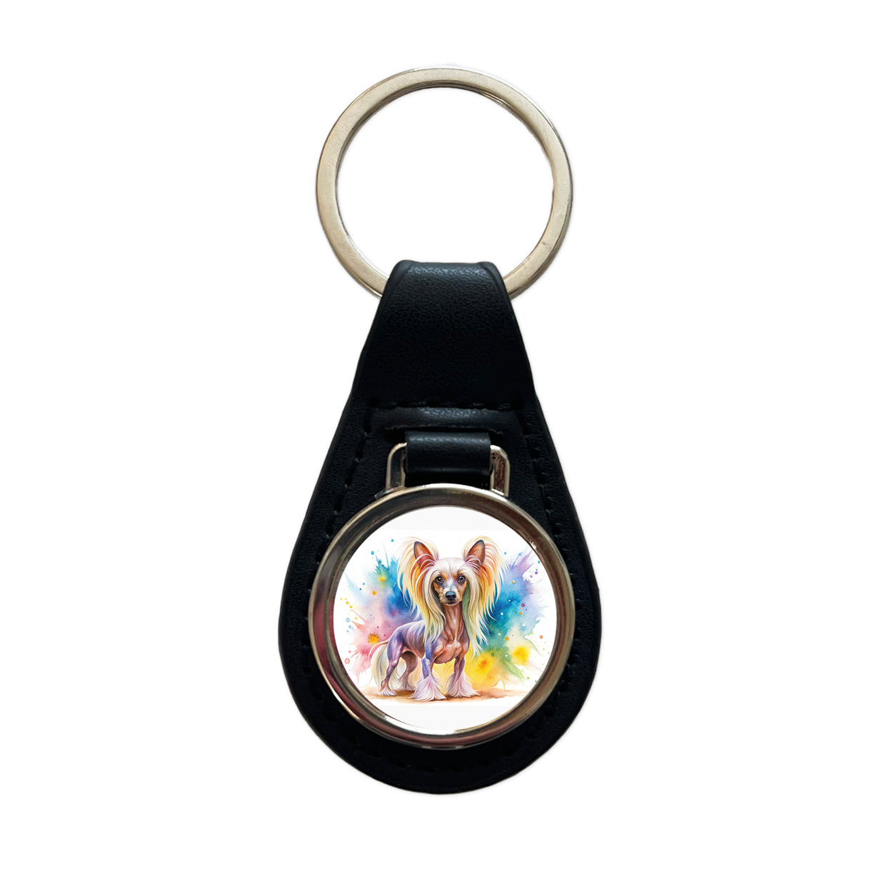 Chinese Crested Dog Watercolor Style Black Leather Metal Keychain