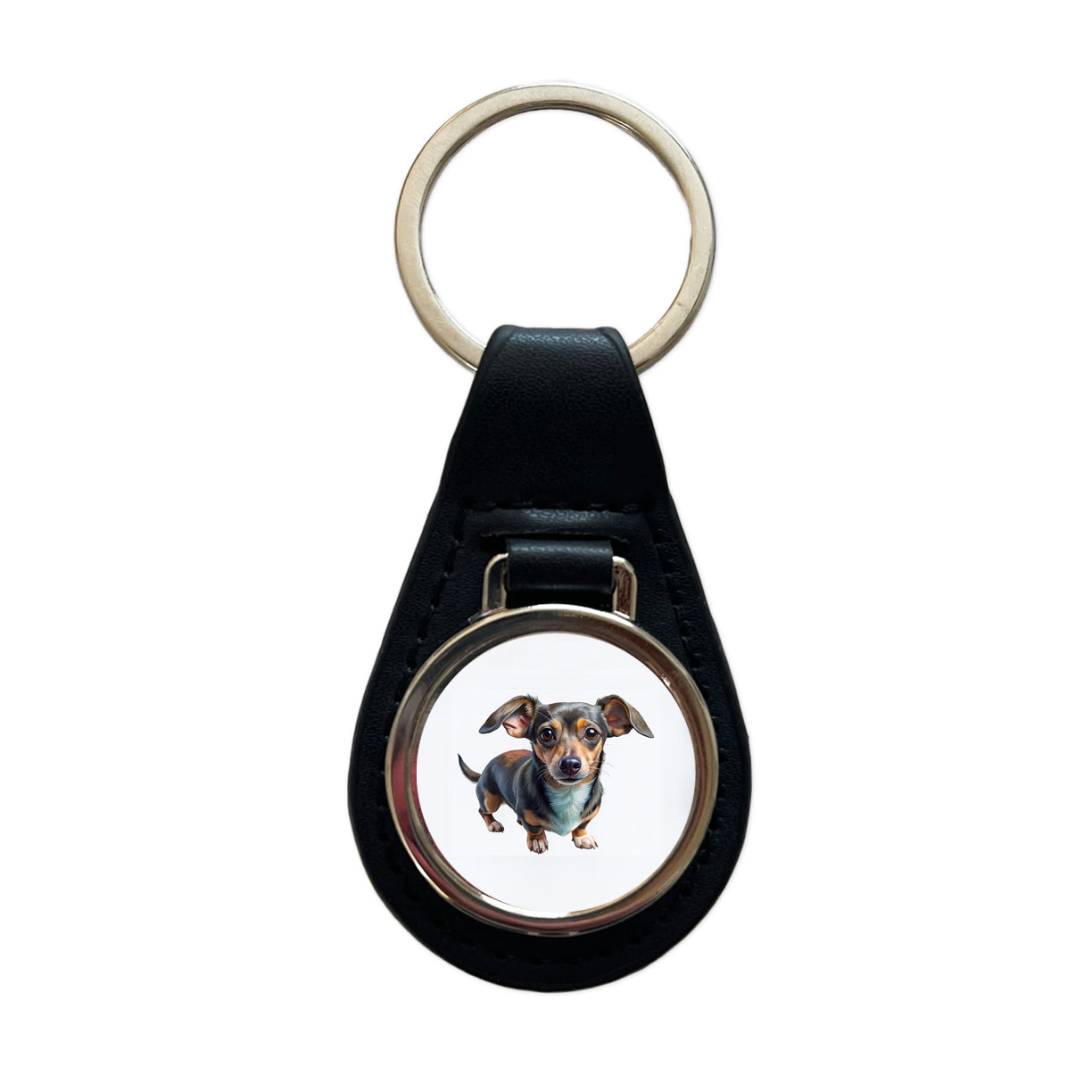 Chiweenie Dog Illustration Black Leather Metal Keychain