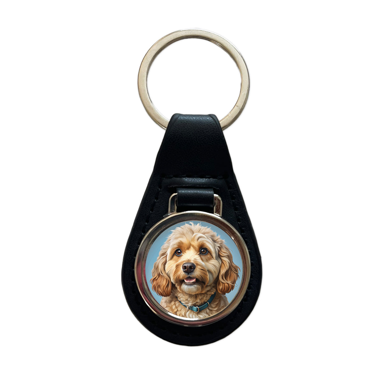 Cockapoo Dog Illustration Black Leather Metal Keychain
